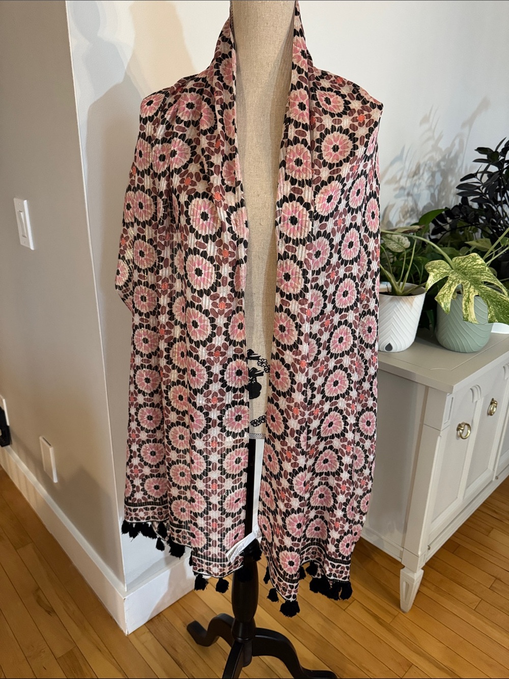 kate spade SILK Pink and Black Floral Tassel Wrap